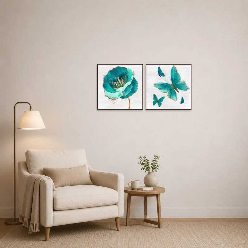 Reading corner softened by calming turquoise floral and butterfly art.