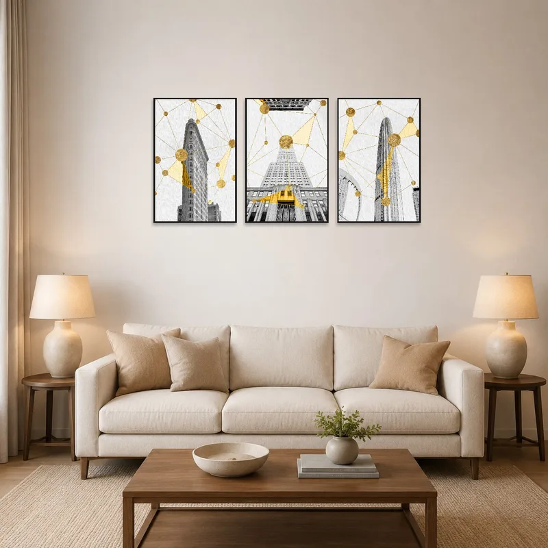 Triptych artwork with gold accents displayed above a modern living room sofa.