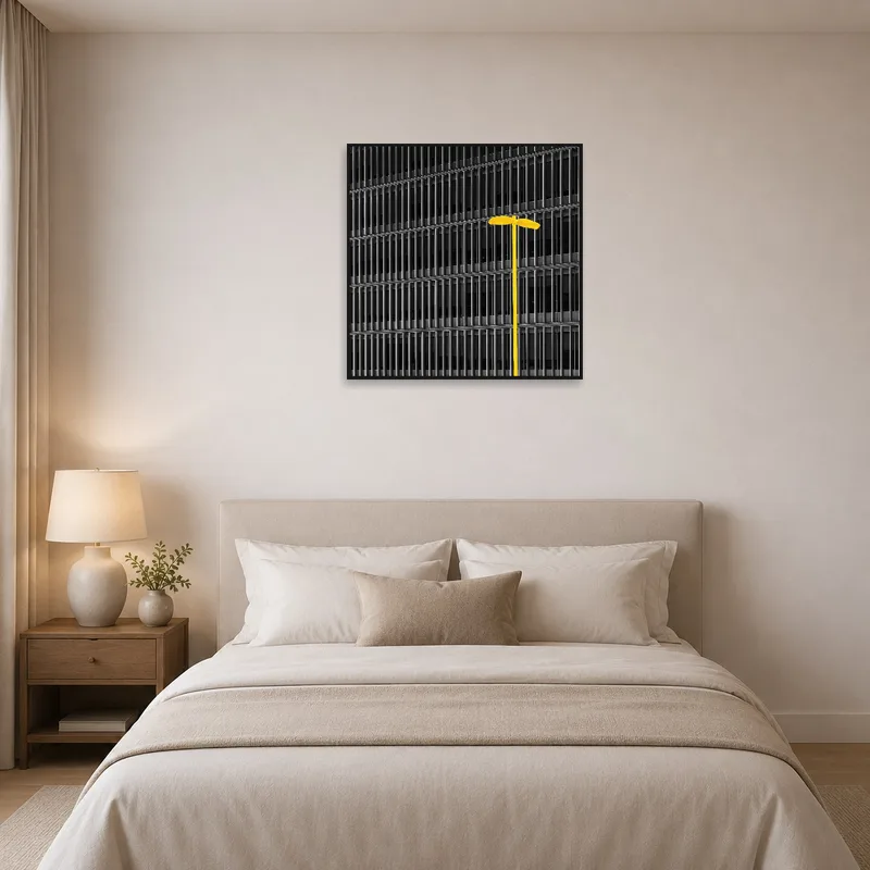 A cityscape with vivid lighting blends urban energy into a calming bedroom.
