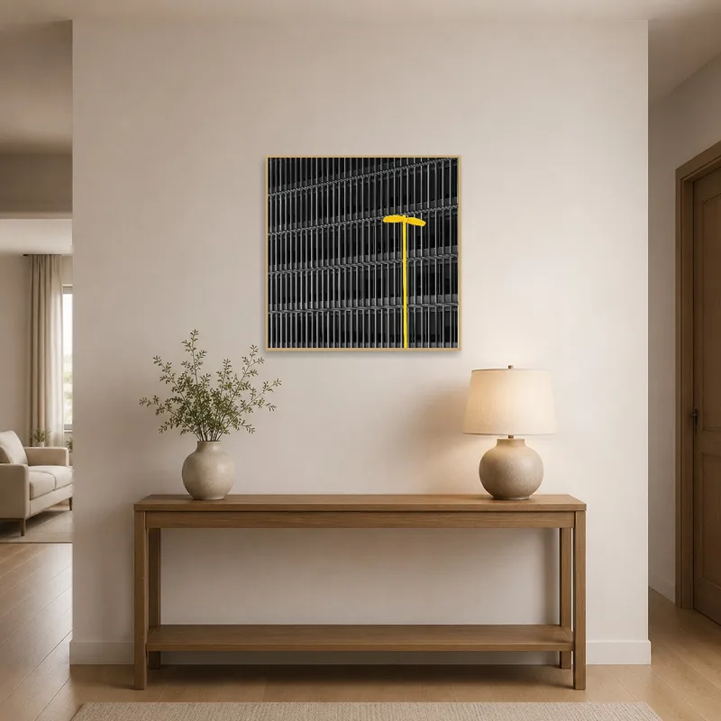 Bright yellow streetlight art creates a welcoming focal point in the entrance.