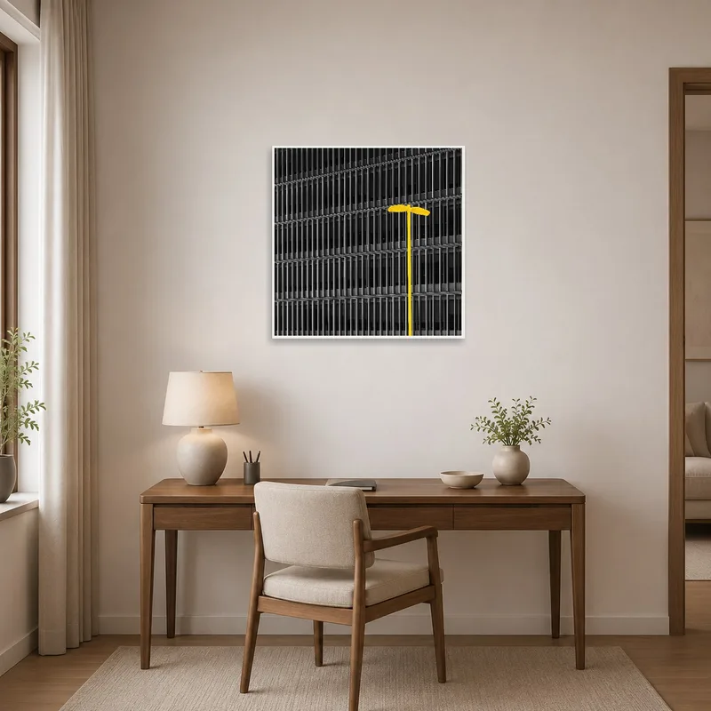 Urban art with yellow light invigorates the atmosphere in a home workspace.