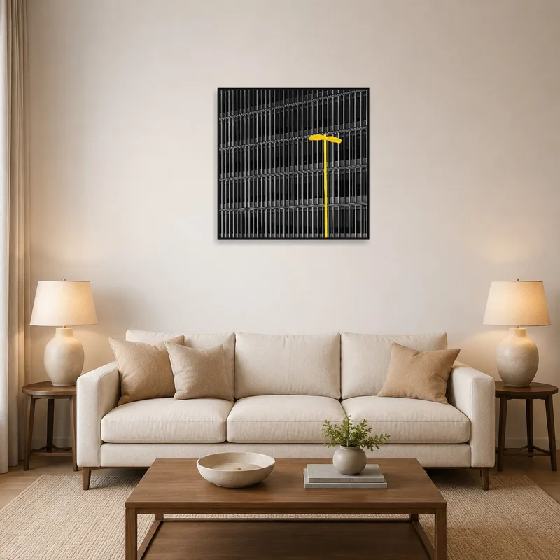 A striking cityscape with yellow streetlight hanging over a modern sofa setup.