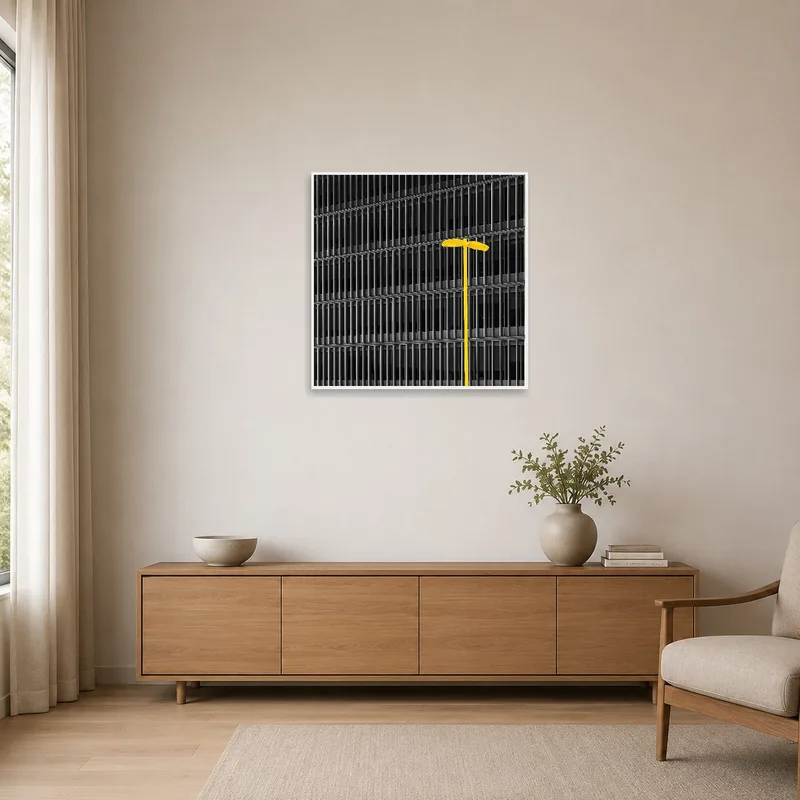 The art piece adds a bold touch to a minimalist space with its urban theme.