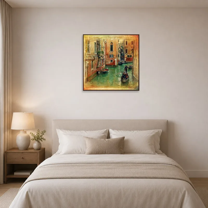 Venetian canal art creates a serene ambiance above the bed.