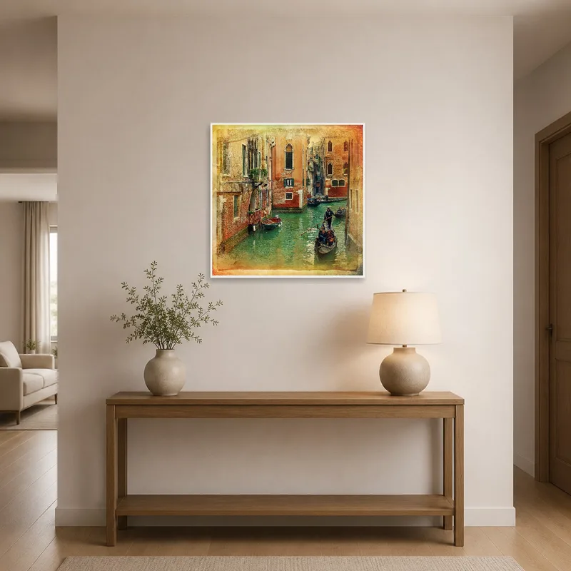 Venetian canal scene welcomes with warmth in the entrance hall.