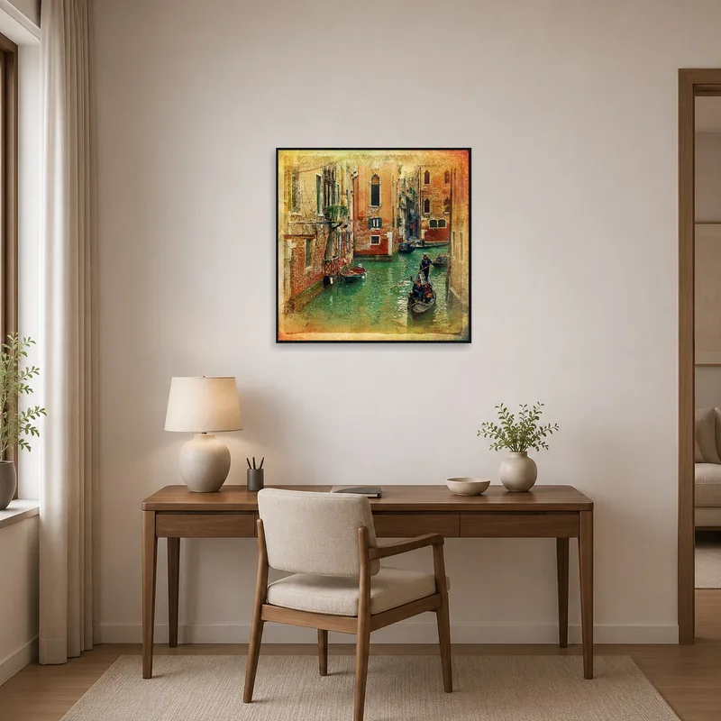 Vibrant canal art inspires creativity in a home office space.