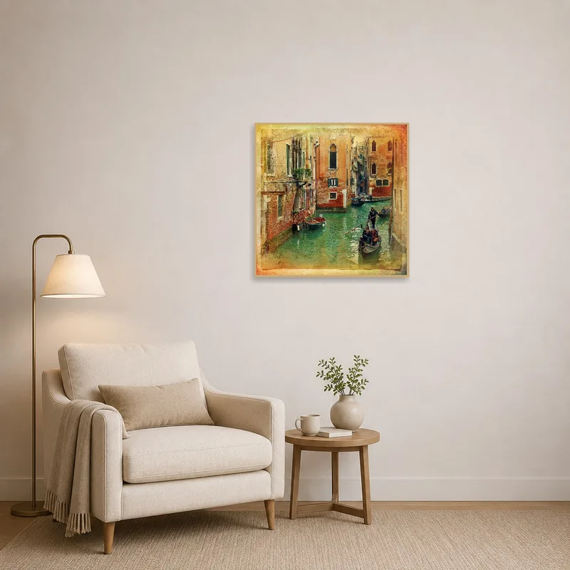 A vintage canal scene brings charm to a cozy reading corner.