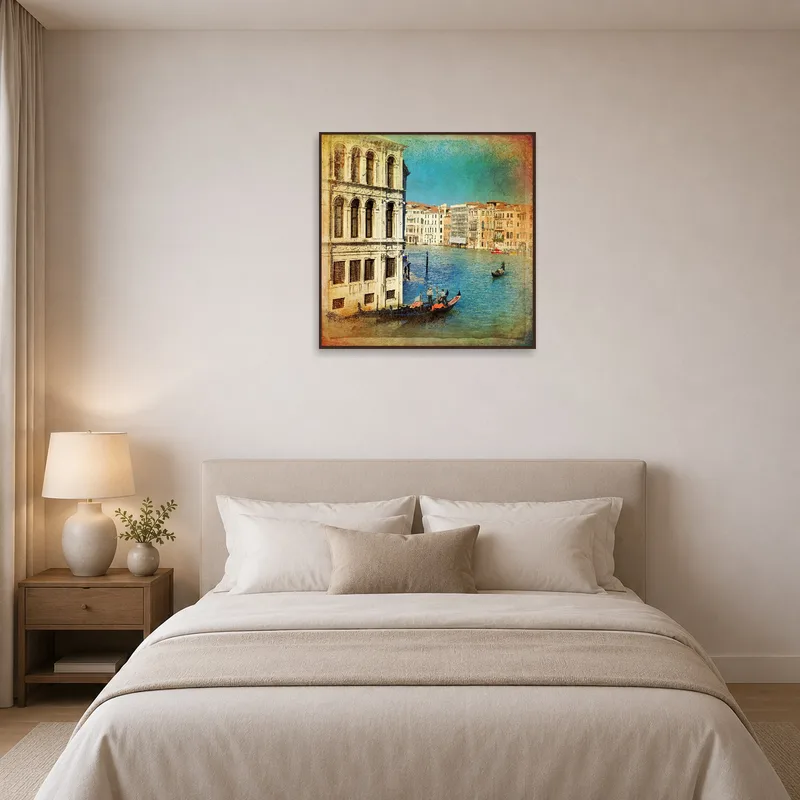 Venetian waterway adds charm to a serene bedroom.