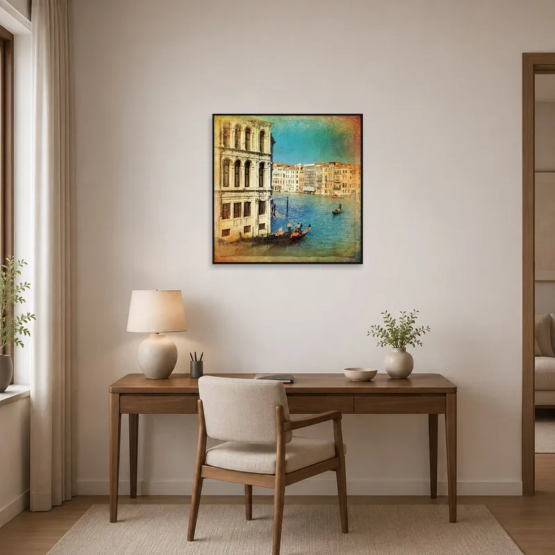Canal scene inspires creativity in a home office.