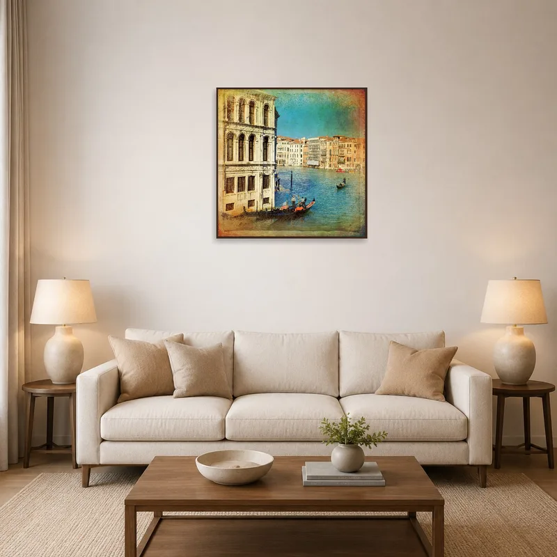 Canal scene artwork above a cozy sofa in the living room.