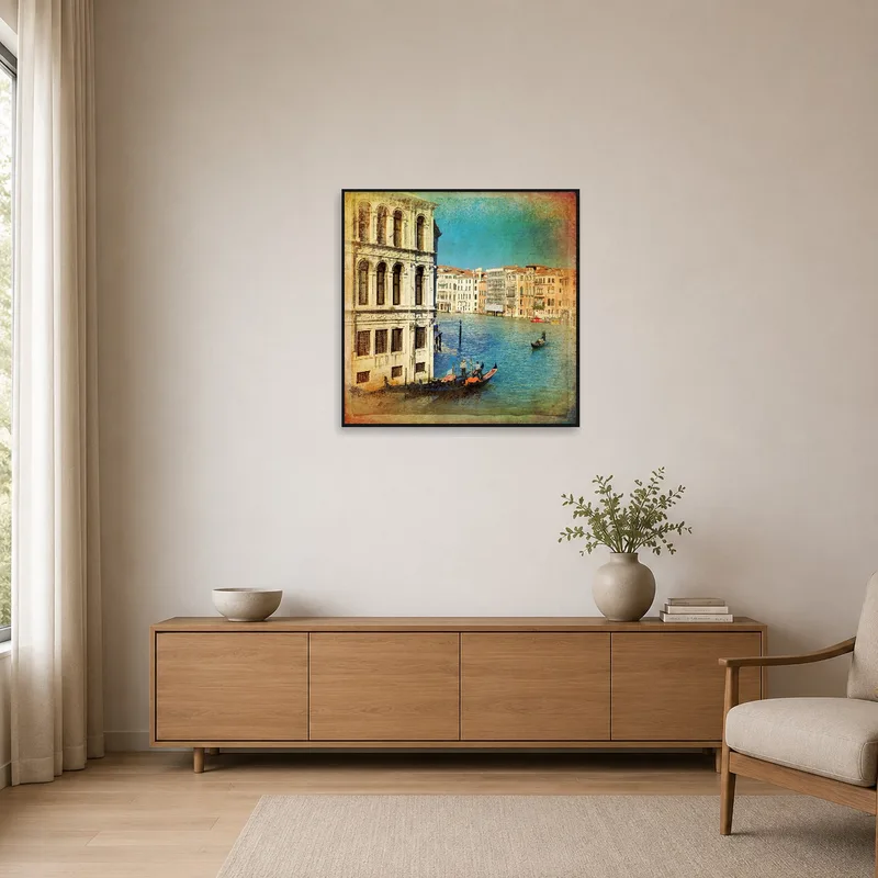 Simple room with a classic canal scene on a white wall.