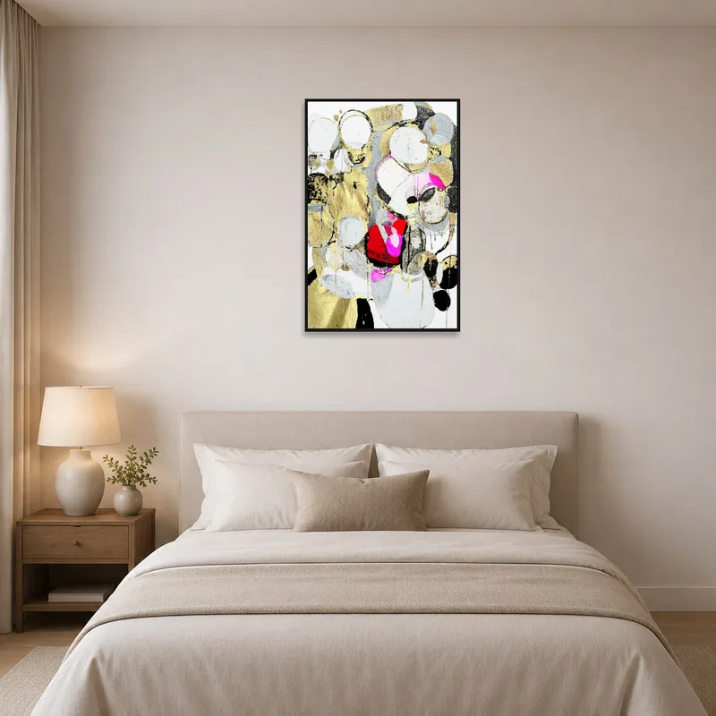 Vibrant abstract piece with gold accents hanging in the bedroom for an artistic flair.