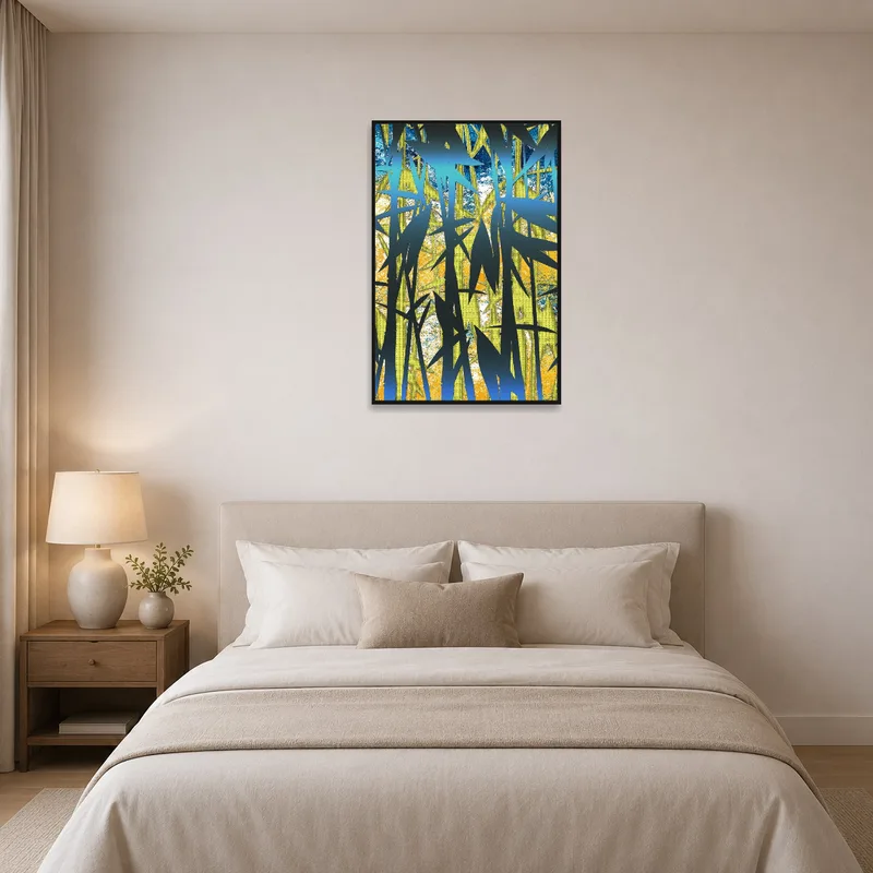 Bedroom gains energy with the vivid bamboo design on the wall.