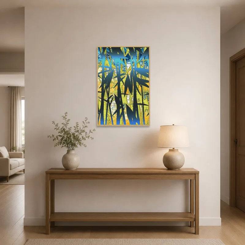 The hallway features a vibrant bamboo print, welcoming guests with bold colors.