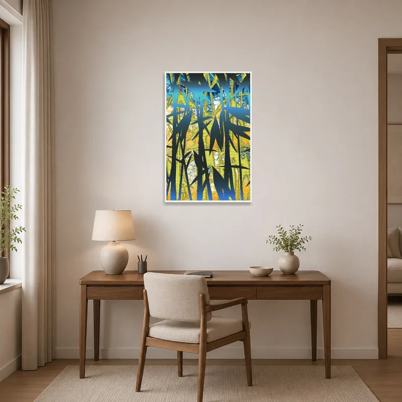 Home office boasts a dynamic bamboo artwork to inspire creativity.