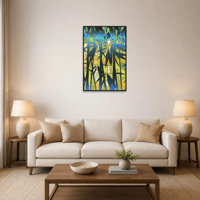 Colorful bamboo print adds a lively touch to the living room's ambiance.