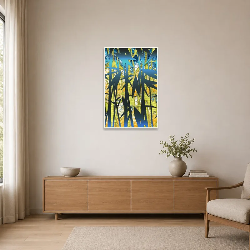 Simple decor complemented by a striking abstract bamboo design.