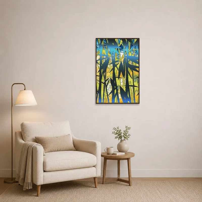 Cozy reading corner enhanced by a bright abstract bamboo print.