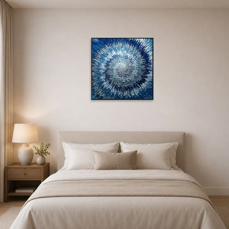 The calming abstract blue artwork complements the bedroom's serene vibe.