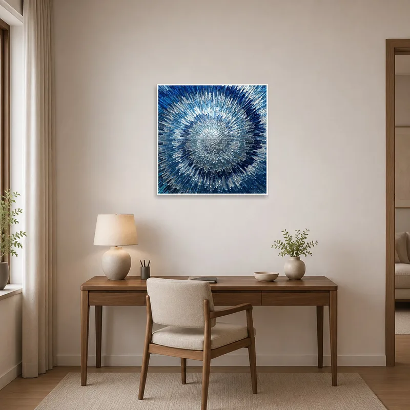 Bold blue abstract art invigorates the creative energy of the home office.