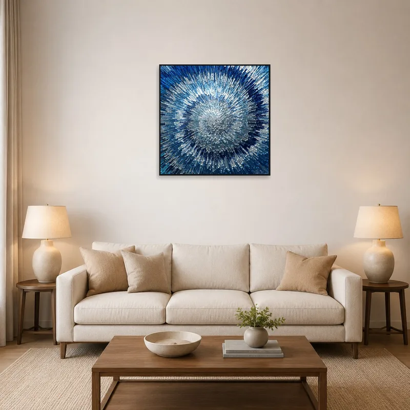 A vibrant blue abstract art piece adds a splash of color to the living room wall.