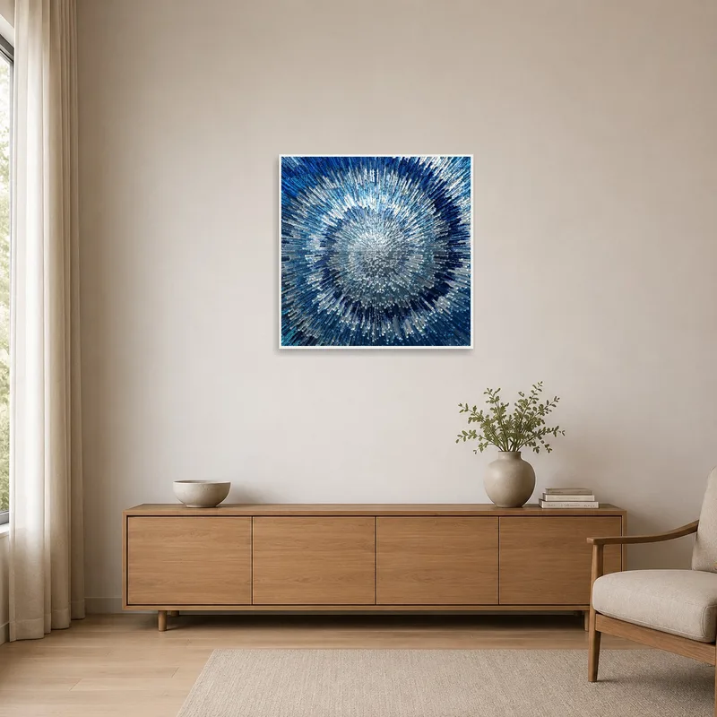 The abstract blue art enhances the minimalist room's simple aesthetic.