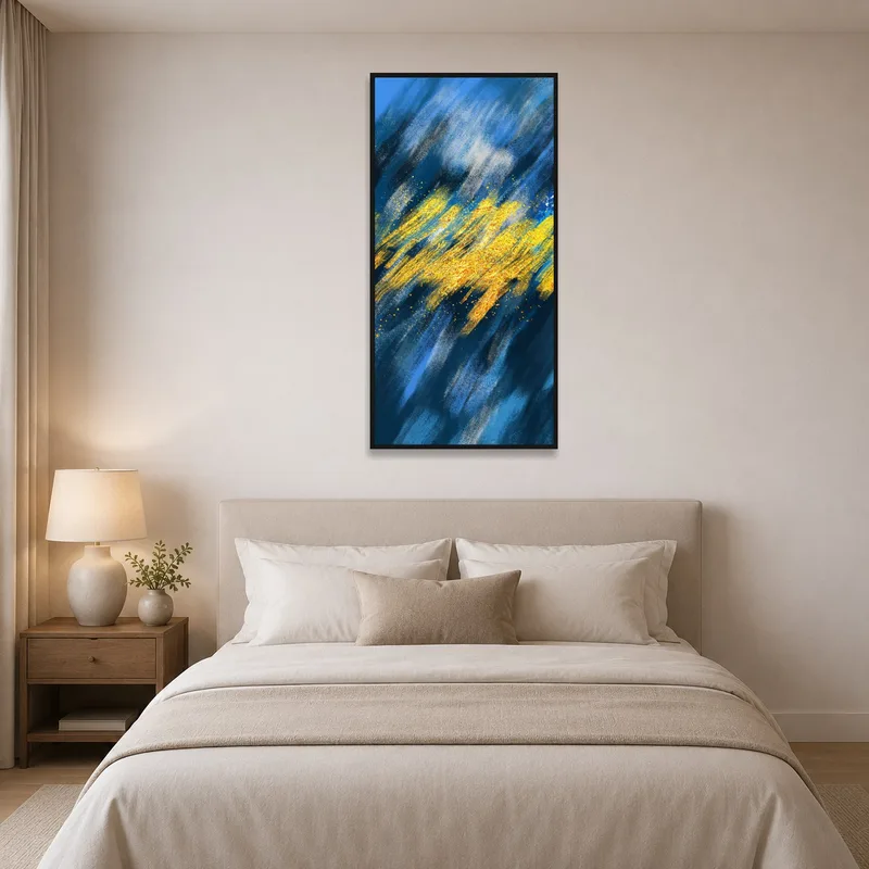 Colorful abstract brushstroke art brightening a bedroom above the bed.