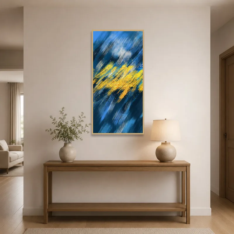 Bold brushstroke artwork enhancing an entrance hall beside the coat rack.