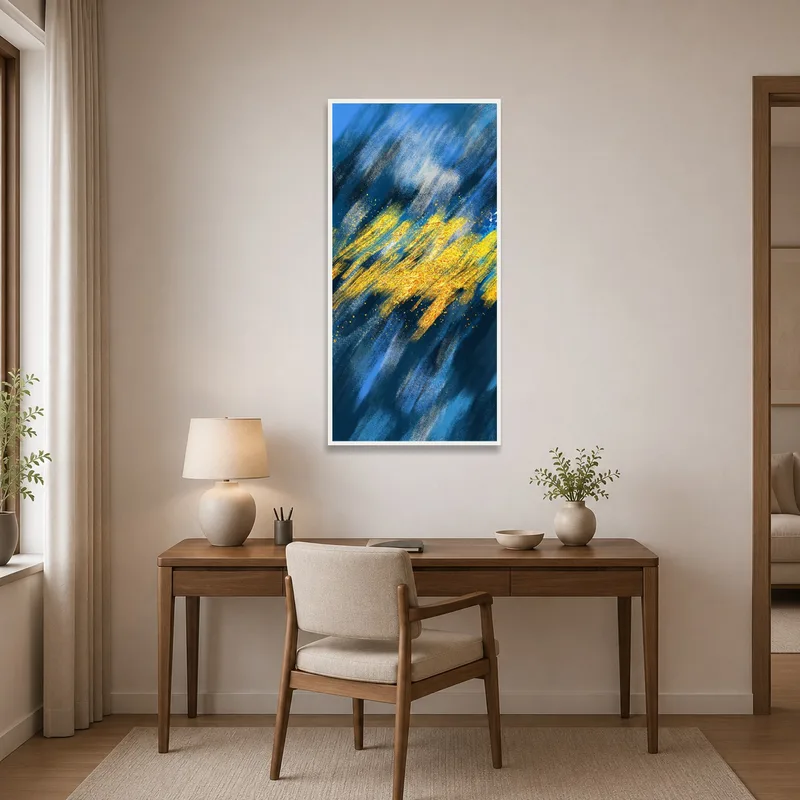 Abstract brushstroke design creating inspiration in a home office workspace.