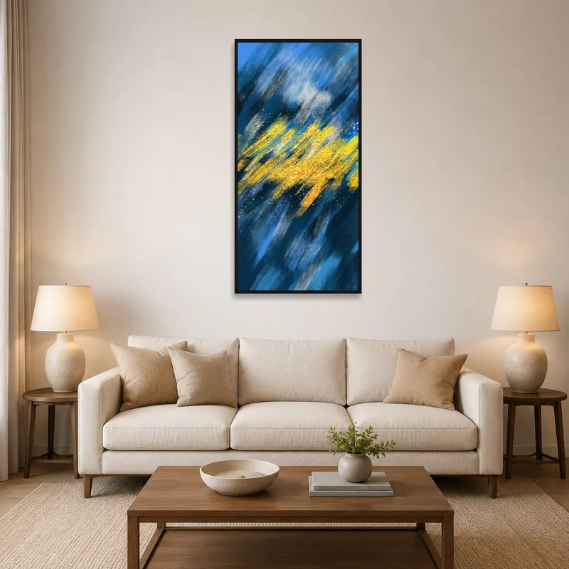 Vibrant abstract brushstroke artwork on a living room wall above a modern sofa.