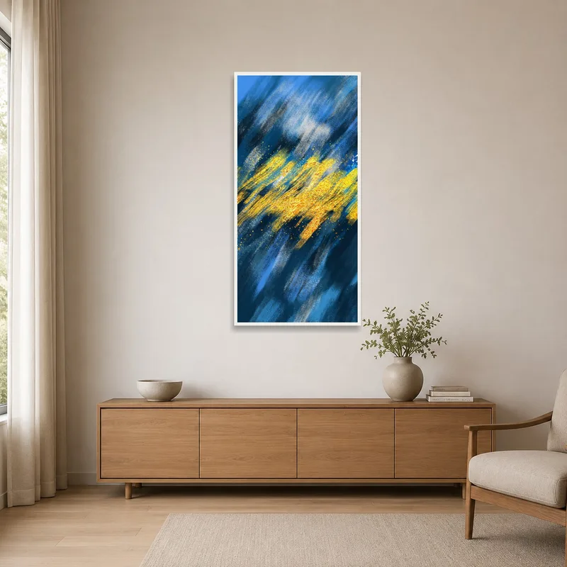 Colorful abstract brushstroke design in a minimalist room with clean lines.