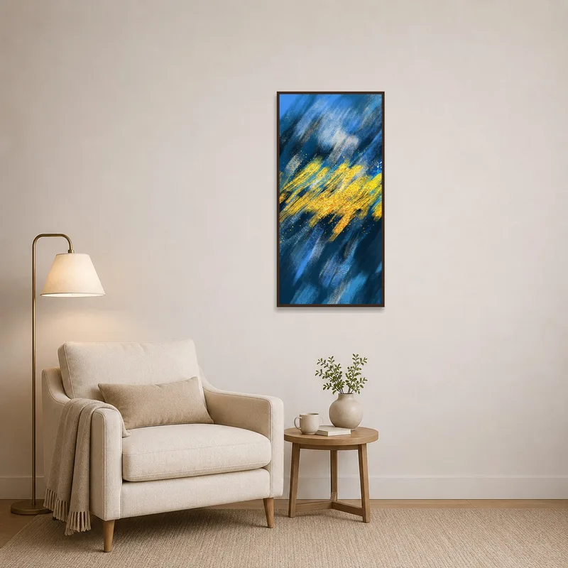 Energetic abstract piece adding color to a cozy reading corner.