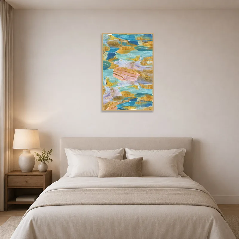 Eyecatching abstract art print adds energy to a serene bedroom.
