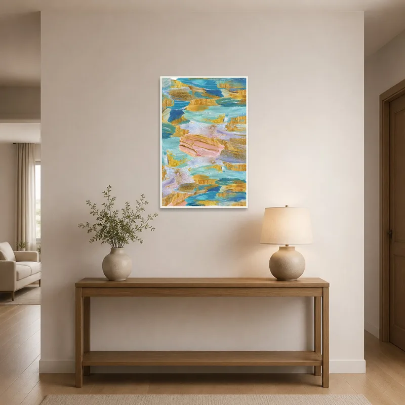 Bold abstract art print welcomes guests in a bright entrance hall.