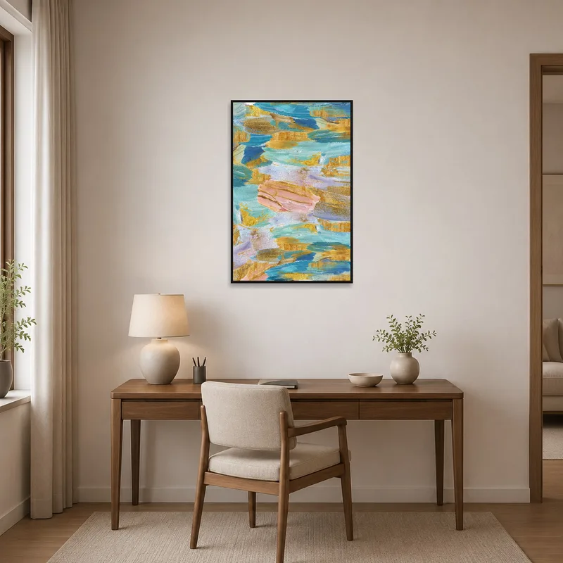 Vibrant abstract print inspires creativity in a sleek home office.