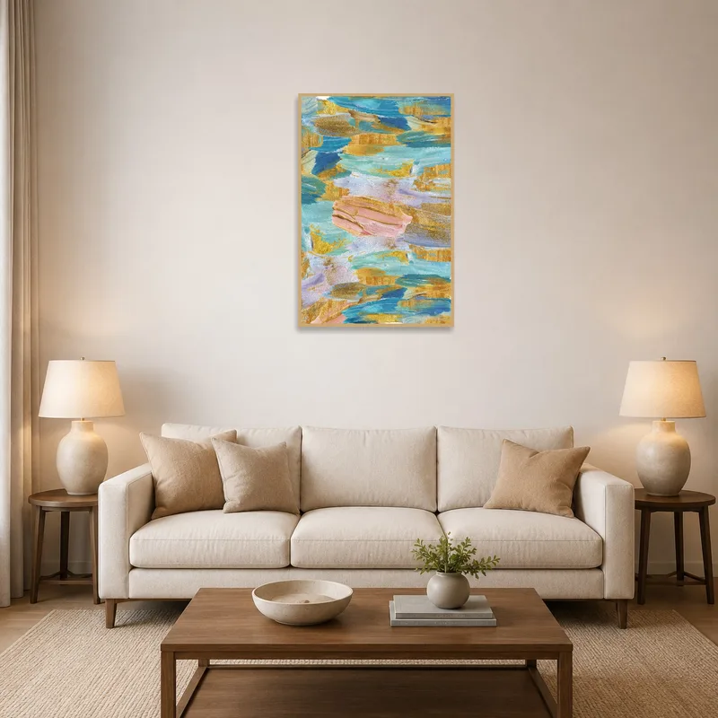 Vibrant abstract art print in a stylish living room above a modern sofa.