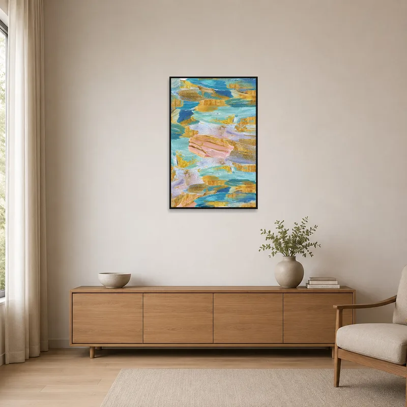 Abstract brushstrokes art print on a clean white wall in a minimalist space.