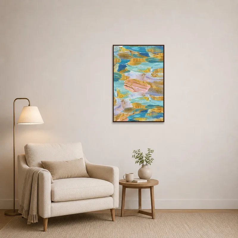 Colorful abstract art print adds flair to a cozy reading corner.