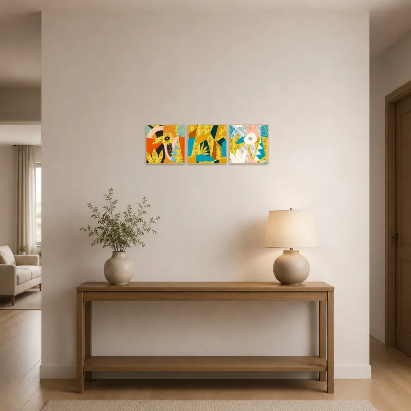Eye-catching abstract set greets visitors in an entrance hall with its lively patterns.