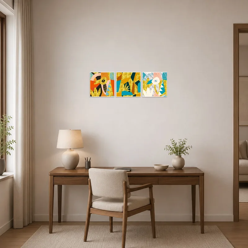 Colorful abstract triptych set brings inspiration to a home office wall.