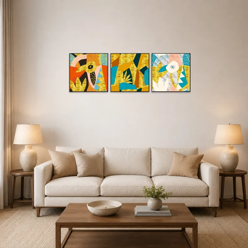 Bright abstract triptych set adds color to a living room above a modern couch.