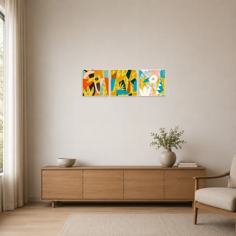 Minimalist room featuring a vivid abstract collage triptych on a stark white wall.