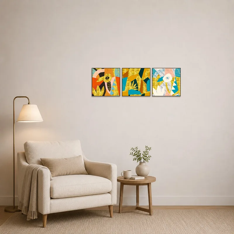 A vibrant abstract triptych set enlivens a cozy reading corner.