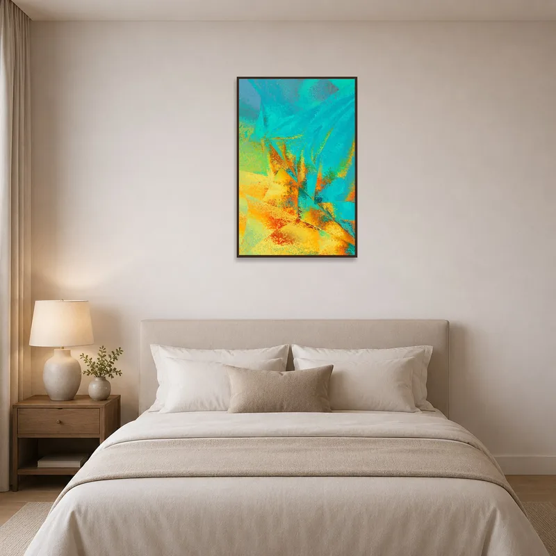 Abstract art in blue and orange serves as a focal point in the bedroom.
