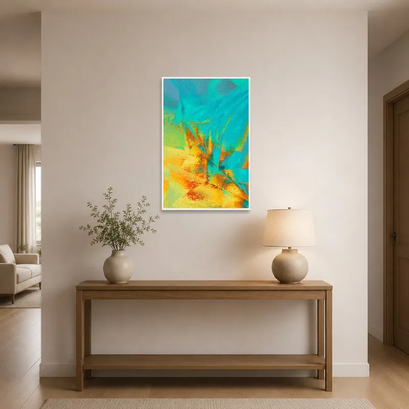 Striking blue and orange abstract art welcomes guests in an entrance hall.