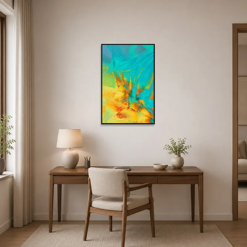 Blue and orange abstract art energizes the atmosphere in a home office.