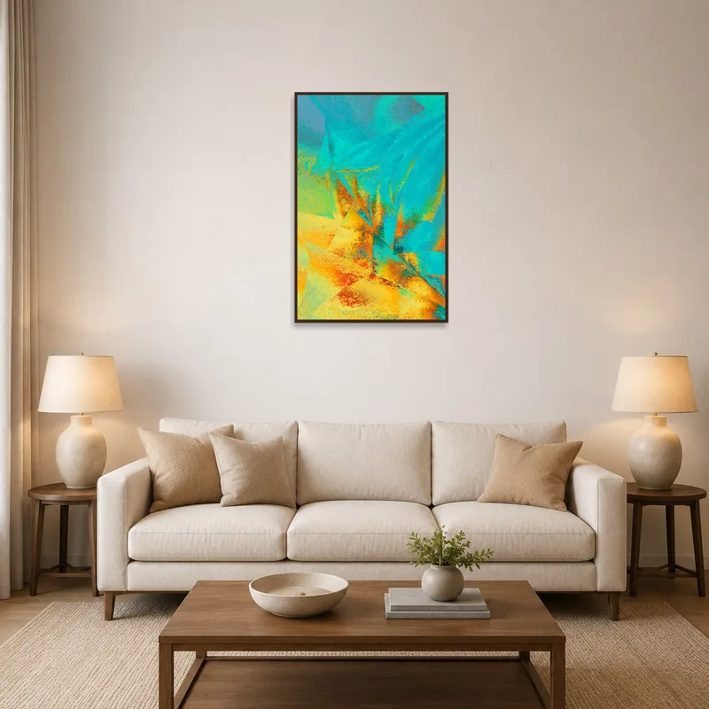 A vibrant abstract artwork in blue and orange displayed in a cozy living room setting.