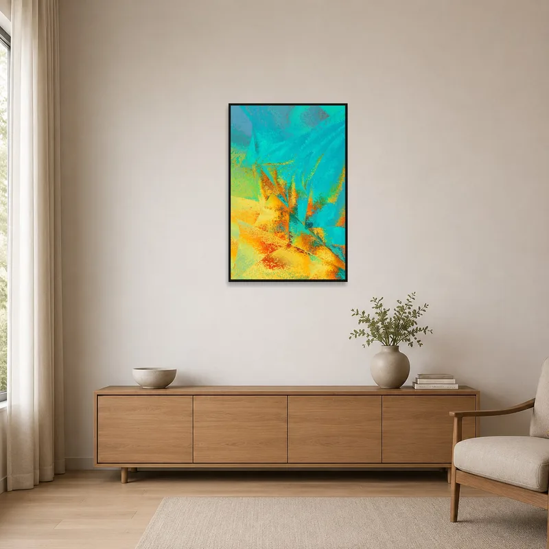 Abstract art piece in blue and orange adding color to a minimalist room.