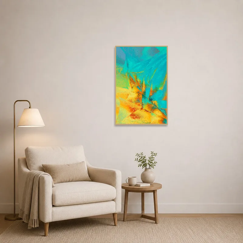 A blue and orange abstract piece elevating the reading corner ambiance.