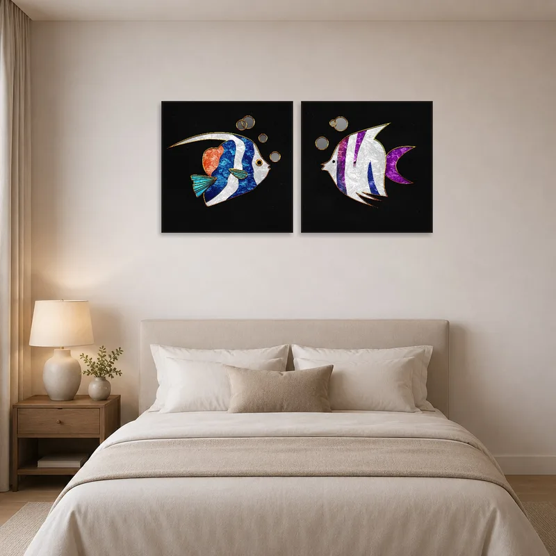 Vibrant fish duo artwork adding dynamic energy to a serene bedroom.